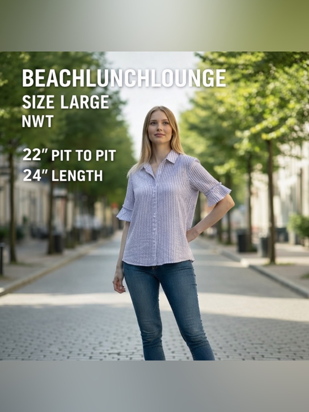 BeachLunchLounge Purple White Striped Button Front Blouse Size Large NWT